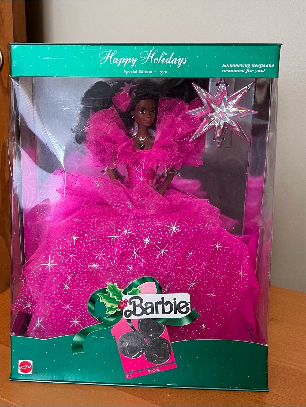 1990 Happy Holidays  Barbie  African American Doll NIB- Hot Pink  dress